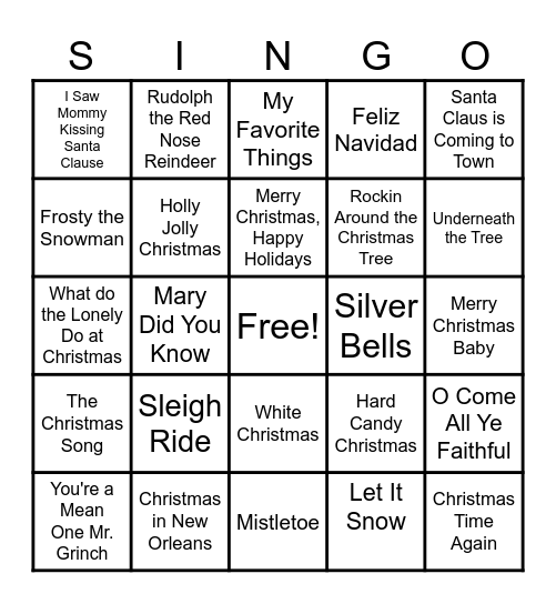 Christmas SINGO Bingo Card