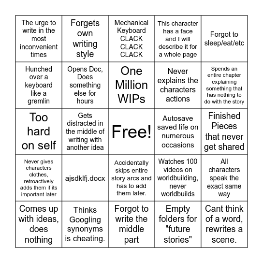 BAD HABIT WRITER BINGO Card