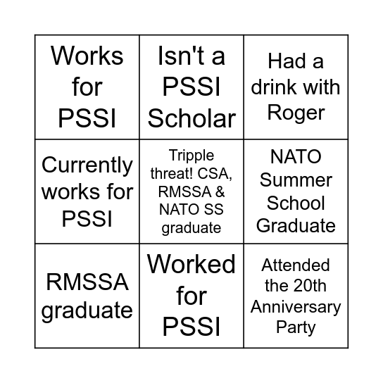 PSSI Christmas Party Bingo Card