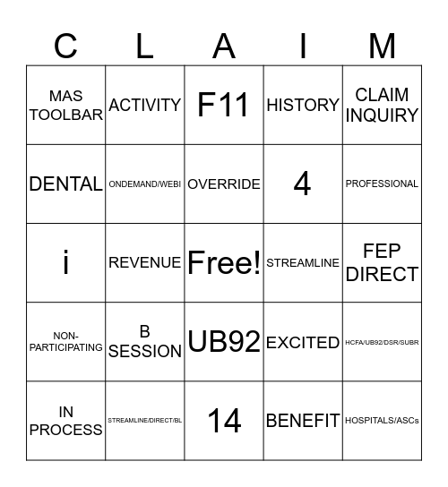 PHASE II CLAIMS BINGO Card