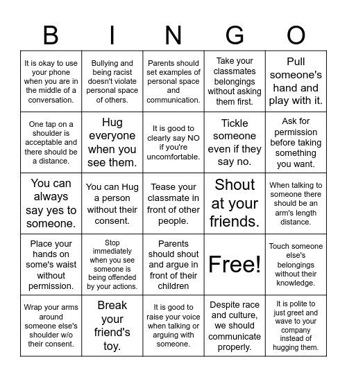 Personal Boundaries Bingo Card