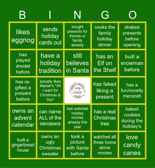 Virtual Holiday Bingo Card