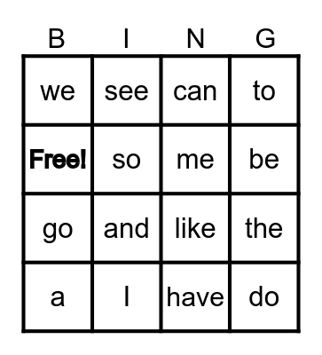 Kindergarten Sight Words Bingo Card