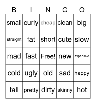 Adjectives Bingo Card