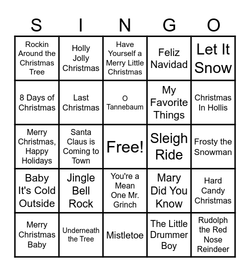 Christmas SINGO Bingo Card