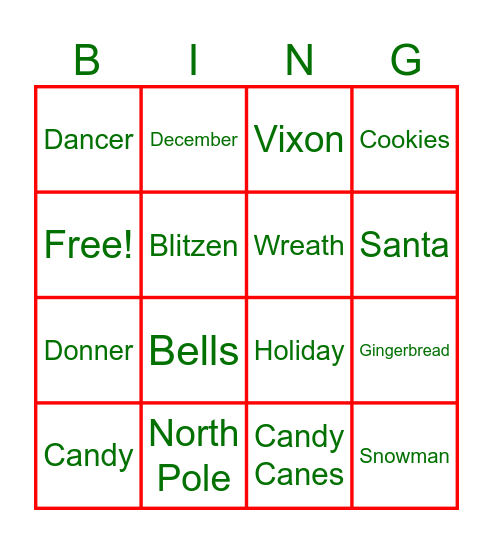 Christmas Words Bingo Card