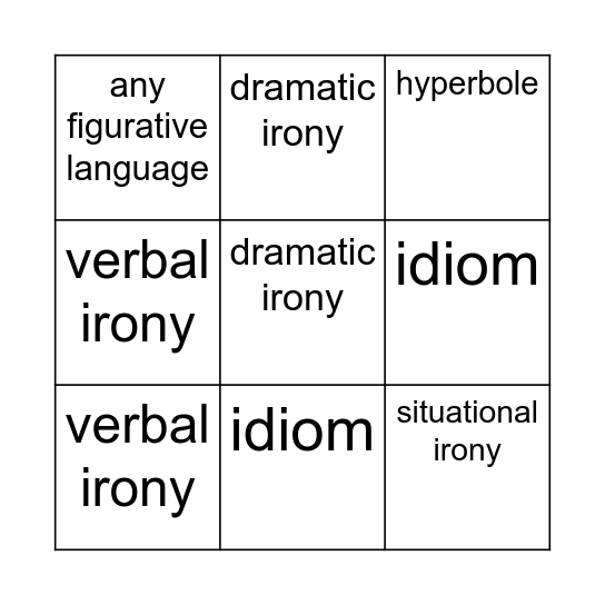 Irony Bingo: Inside each box is a type of literary device.  As you watch, find the irony or figurative language type and write the specific example from the story. Bingo Card