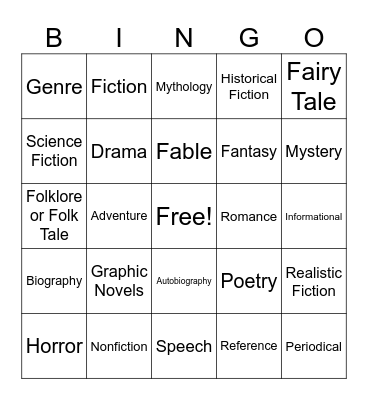 Literacy Genres Bingo Card