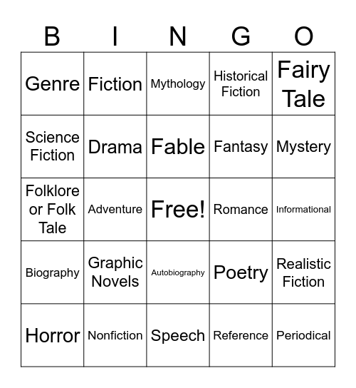 Literacy Genres Bingo Card