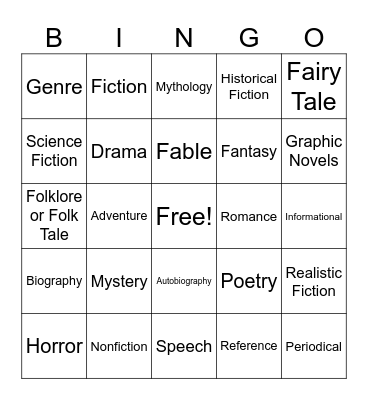 Literacy Genres Bingo Card