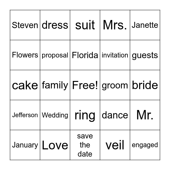 Janette and Steven Bingo Card