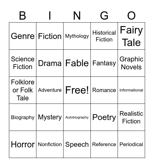 Literacy Genres Bingo Card
