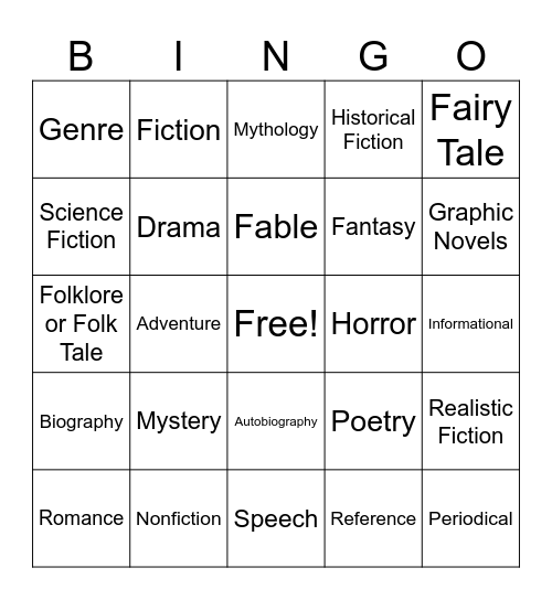 Literacy Genres Bingo Card