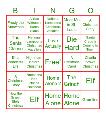 HOLIDAY MOVIE BINGO Card
