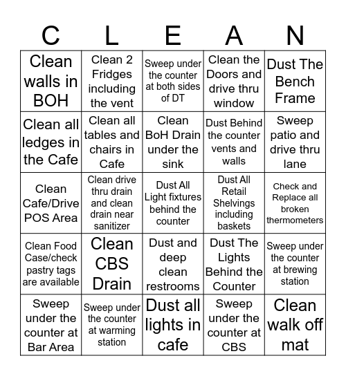 Store Cleanliness Bingo Card