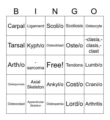 Skeletal System Bingo Card