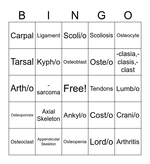 Skeletal System Bingo Card