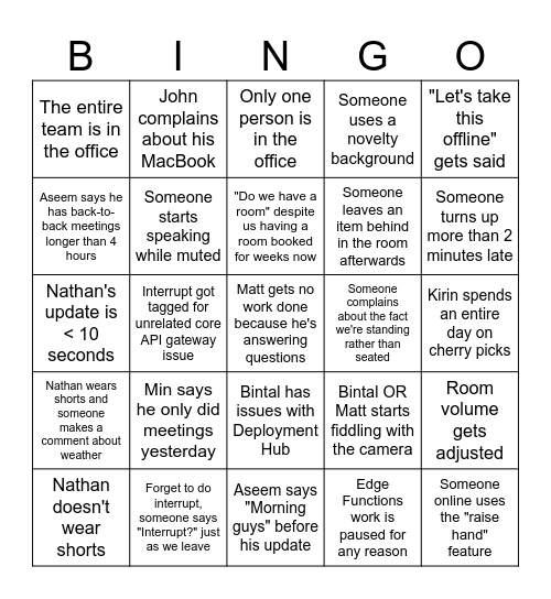 Standup Bingo Card