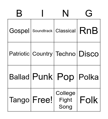 Music Genre Bingo Card