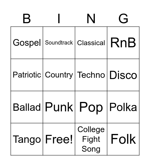 Music Genre Bingo Card