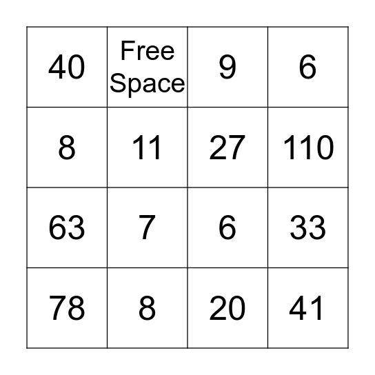 Word Problem Bingo Card