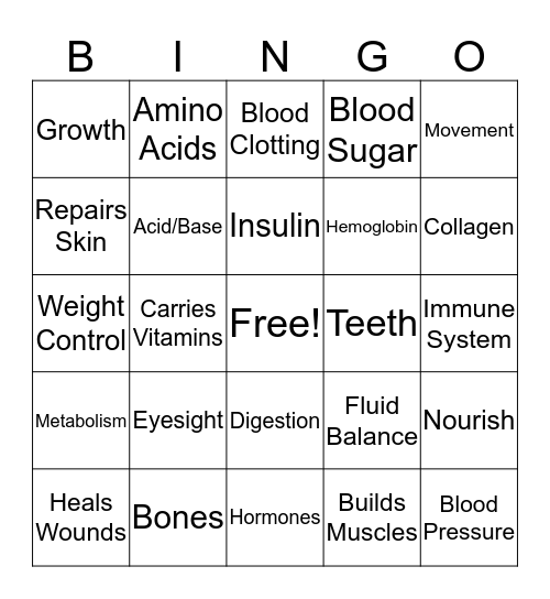 Roles of Protein Bingo Card