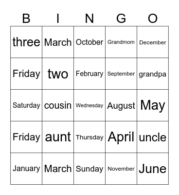 ordinal numbers, months Bingo Card
