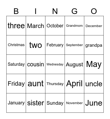 ordinal numbers, months Bingo Card