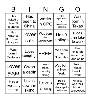 Get to know you Bingo Card