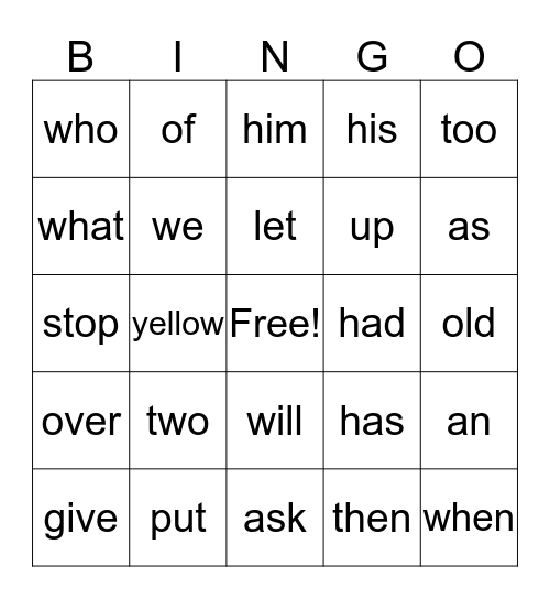 Sight Words  Bingo Card