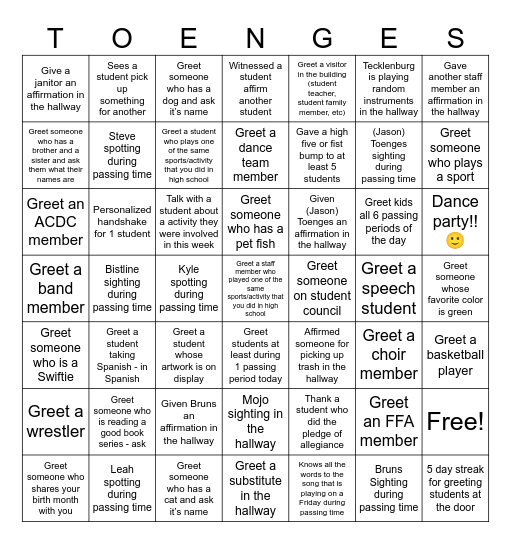 Toengo Bingo Card