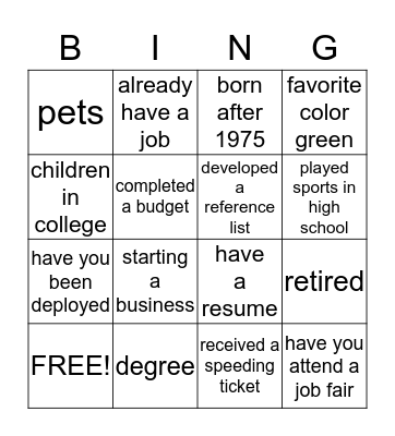 Transition BINGO Card