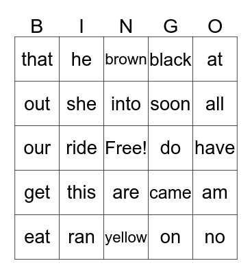 Sight Words Bingo Card