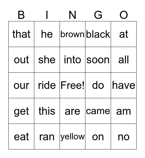 Sight Words Bingo Card
