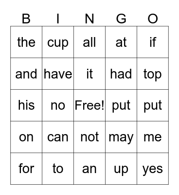 Sight words Bingo Card