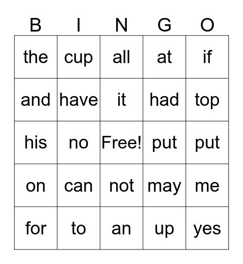 Sight words Bingo Card