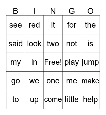 Sight Words Bingo Card