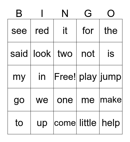 Sight Words Bingo Card