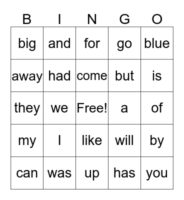 Sight Words Bingo Card