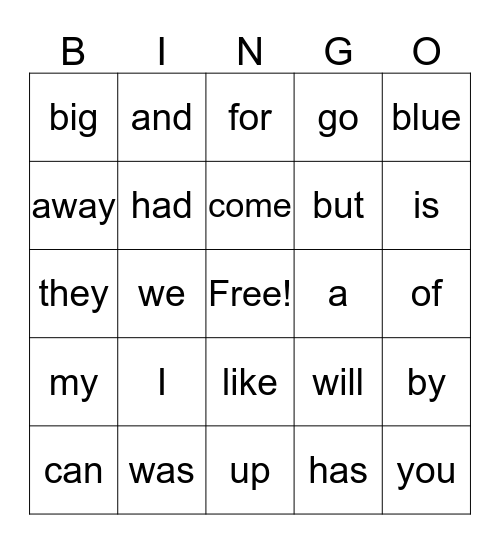 Sight Words Bingo Card