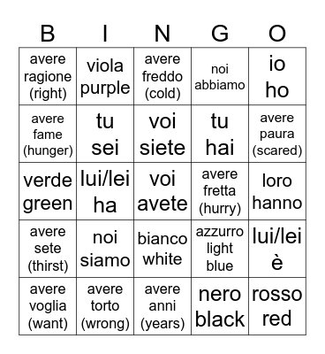 essere/avere/avere expressions/colors Bingo Card