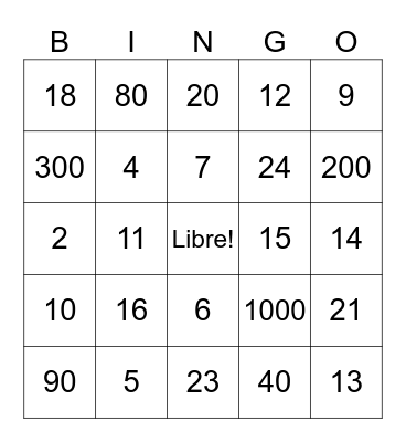Numeros a 1000 - Mr. Kelly Bingo Card