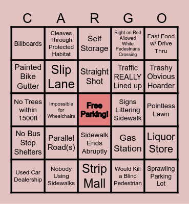 Bad Roads and Decaying Suburbia Bingo Card