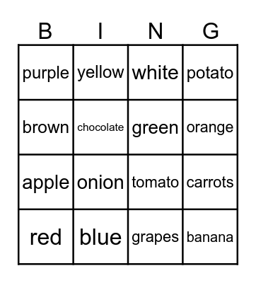 Colors and Foods Bingo Card