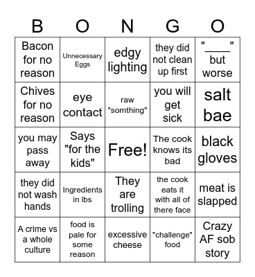 BAD FOOD BONGO Bingo Card