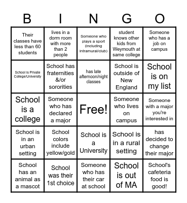 Reverse College Day  Bingo!  Visit the tables to learn more about our returning students! Write the name of the  school/student under the prompt.  Pass in your Bingo Card for a chance to win a PRIZE!d Bingo Card