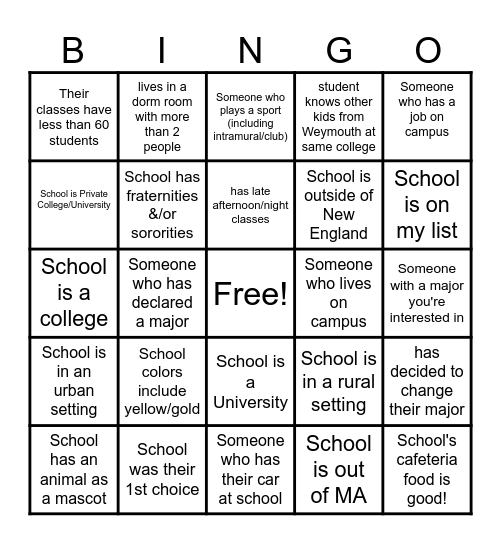 Reverse College Day  Bingo!  Visit the tables to learn more about our returning students! Write the name of the  school/student under the prompt.  Pass in your Bingo Card for a chance to win a PRIZE!d Bingo Card
