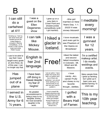 Fun Facts Bingo Card