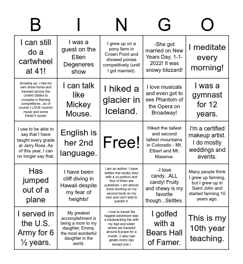 Fun Facts Bingo Card