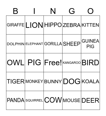 ANIMAL BINGO Card